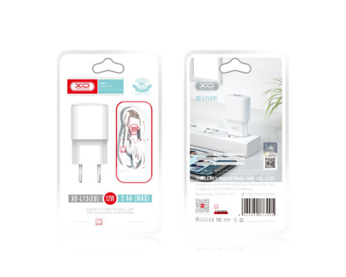 Мережевий зарядний пристрій (адаптер) 2в1 XO L73 1USB / 2.4A / 12W + Data Cabel USB to Lightning white