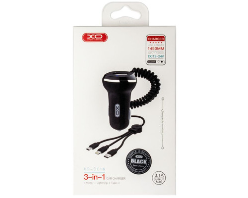 Автомобільний зарядний пристрій (адаптер) 3в1 XO CC16 1USB / 3.1A / Type-C/Micro/Lightning black TPS-2710000182382 2710000182382