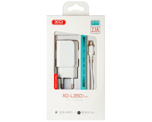 Мережевий зарядний пристрій (адаптер) 2в1 XO L35D 2USB / 2.1A + Data Cable USB to Lightning white TPS-2710000182269 2710000182269