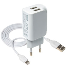 Мережевий зарядний пристрій (адаптер) 2в1 XO L35D 2USB / 2.1A + Data Cable USB to Lightning white TPS-2710000182269 2710000182269