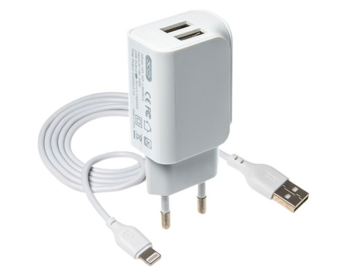 Мережевий зарядний пристрій (адаптер) 2в1 XO L35D 2USB / 2.1A + Data Cable USB to Lightning white TPS-2710000182269 2710000182269
