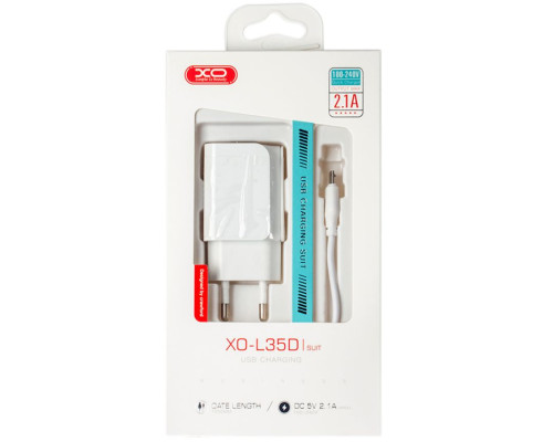 Мережевий зарядний пристрій (адаптер) 2в1 XO L35D 2USB / 2.1A + Micro white