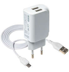 Мережевий зарядний пристрій (адаптер) 2в1 XO L35D 2USB / 2.1A + Micro white