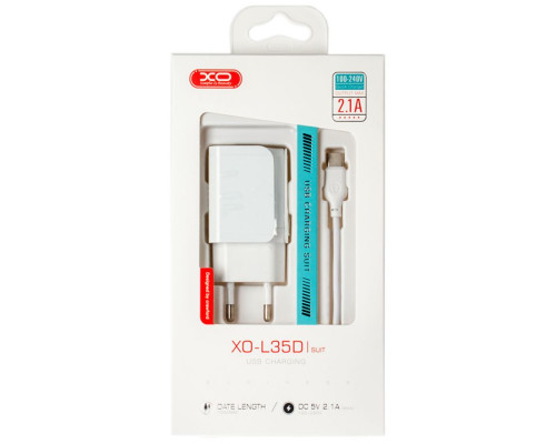Мережевий зарядний пристрій (адаптер) 2в1 XO L35D 2USB / 2.1A + Data Cable USB to Type-C white TPS-2710000182252 2710000182252