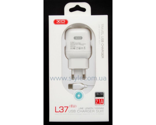 Мережевий зарядний пристрій (адаптер) 2в1 XO L37 1USB / 2.1A + Data Cable USB to Type-C white TPS-2710000188896 2710000188896
