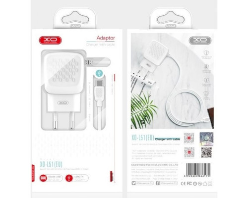 Мережевий зарядний пристрій (адаптер) 2в1 XO L51 2USB / 2.1A + Data Cable USB to Lightning white TPS-2710000197355 2710000197355