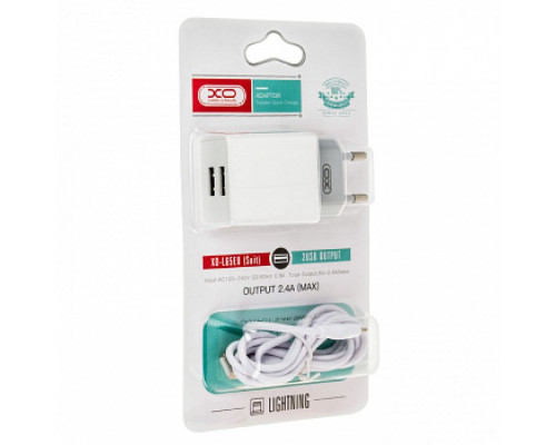 Мережевий зарядний пристрій (адаптер) 2в1 XO L65 2USB / 2.4A + Data Cable USB to Lightning white TPS-2710000208341 2710000208341