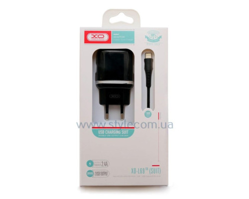 Мережевий зарядний пристрій (адаптер) 2в1 XO L69 2USB / 2.4A + Lightning black TPS-2710000208280