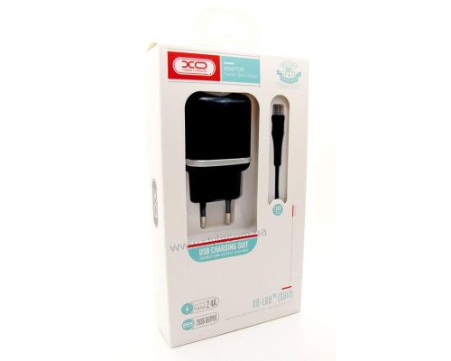 Мережевий зарядний пристрій (адаптер) 2в1 XO L69 2USB / 2.4A + Data Cable USB to Micro black TPS-2710000208303 2710000208303
