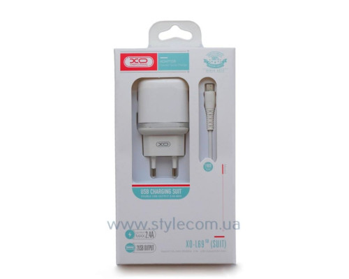 Мережевий зарядний пристрій (адаптер) 2в1 XO L69 2USB / 2.4A + Data Cable USB to Micro white TPS-2710000208297 2710000208297