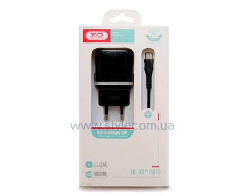 Мережевий зарядний пристрій (адаптер) 2в1 XO L69 2USB / 2.4A + Data Cable USB to Type-C black TPS-2710000208327 2710000208327