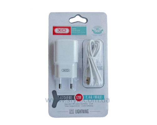 Мережевий зарядний пристрій (адаптер) 2в1 XO L73 1USB / 2.4A / 12W + Data Cable USB to Lightning white TPS-2710000213475 2710000213475
