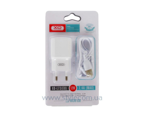 Мережевий зарядний пристрій (адаптер) 2в1 XO L73 1USB / 2.4A / 12W + Data Cable USB to Micro white TPS-2710000213482 2710000213482