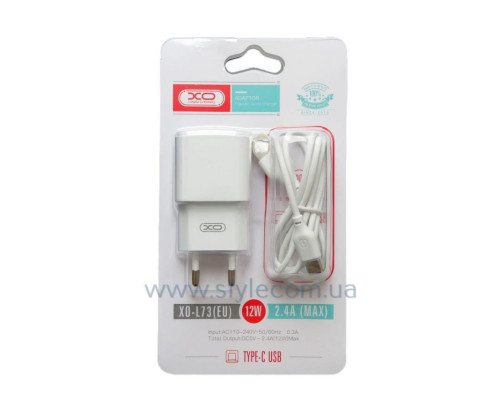 Мережевий зарядний пристрій (адаптер) 2в1 XO L73 1USB / 2.4A / 12W + Data Cable USB to Type-C white TPS-2710000213499 2710000213499