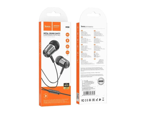 Навушники HOCO M108 Spring metal universal earphones with mic Metal Gray