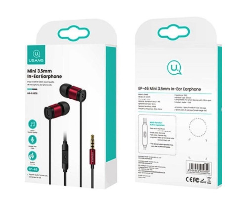 Навушники Usams EP-46 Mini 3.5mm In-Ear Earphone 1.2m Red