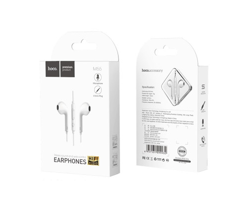 Навушники HOCO M55 Memory sound wire control earphones with mic White