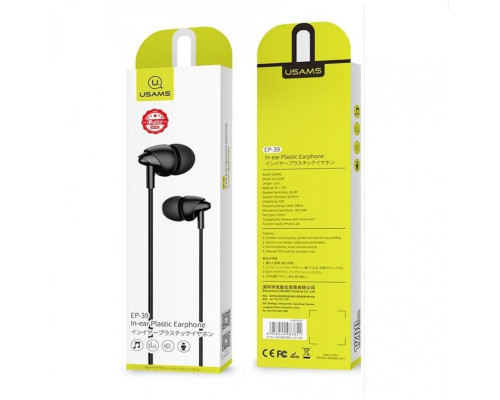 Навушники Usams EP-39 In-ear Plastic Earphone 1.2M Black