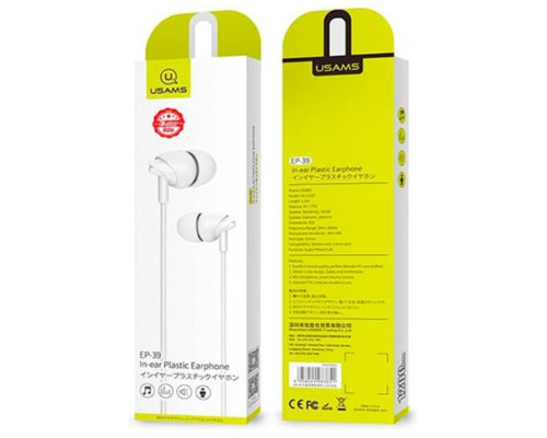 Навушники Usams EP-39 In-ear Plastic Earphone 1.2M White