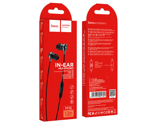 Навушники HOCO M16 Ling sound metal universal earphone with mic Black