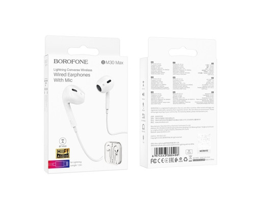 Навушники BOROFONE BM30 Max Acoustic wire control earphones for iP with mic White