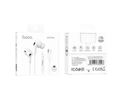 Навушники дротові HOCO M101 Pro Crystal sound Type-C wire-controlled with mic. White mag-6931474782403152308
