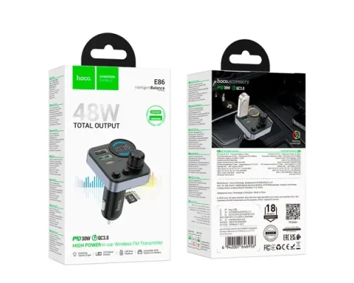 АЗП/ФМ Модулятор HOCO E86 Alegria 48W dual port PD30W+QC3.0 Black mag-6942007646956146739