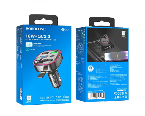 FM-Модулятор Borofone BC48 18W 3A 2USB-A+1USB-C black PLS-00-00115437