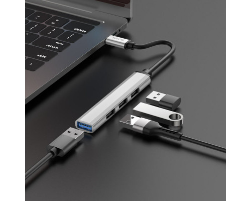 Кабель-перехiдник HOCO HB26 4 in 1 adapter(Type-C to USB3.0+USB2.0*3) Silver