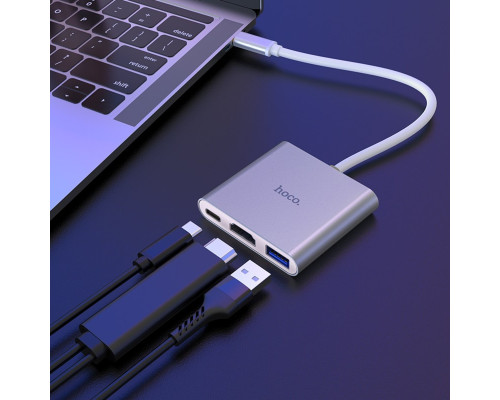 Кабель-перехiдник HOCO HB14 Easy use Type-C adapter(Type-C to USB3.0+HDMI+PD) Silver