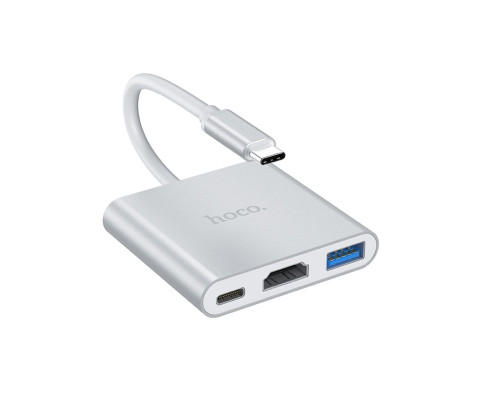 Кабель-перехiдник HOCO HB14 Easy use Type-C adapter(Type-C to USB3.0+HDMI+PD) Silver