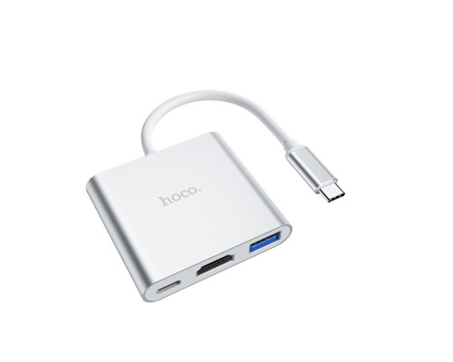 Кабель-перехiдник HOCO HB14 Easy use Type-C adapter(Type-C to USB3.0+HDMI+PD) Silver