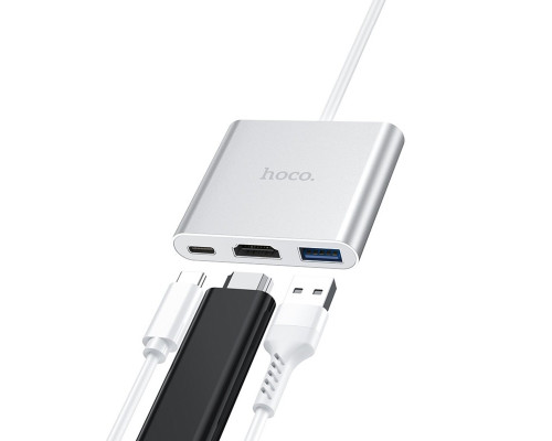 Кабель-перехiдник HOCO HB14 Easy use Type-C adapter(Type-C to USB3.0+HDMI+PD) Silver