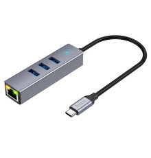 Кабель-перехiдник HOCO HB34 Easy link Type-C Gigabit network adapter(Type-C to USB3.0*3+RJ45) Metal Gray