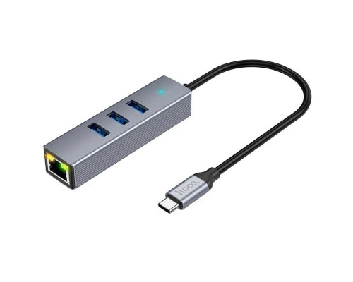 Кабель-перехiдник HOCO HB34 Easy link Type-C Gigabit network adapter(Type-C to USB3.0*3+RJ45) Metal Gray