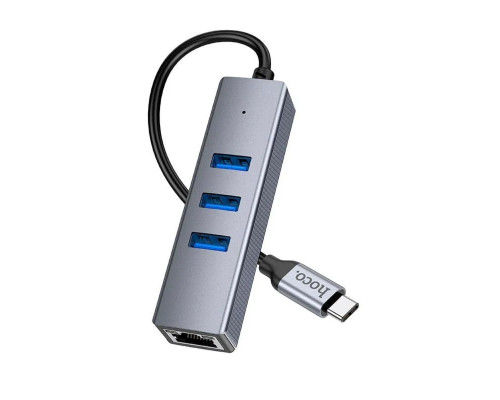 Кабель-перехiдник HOCO HB34 Easy link Type-C Gigabit network adapter(Type-C to USB3.0*3+RJ45) Metal Gray