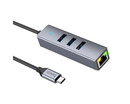 Кабель-перехiдник HOCO HB34 Easy link Type-C Gigabit network adapter(Type-C to USB3.0*3+RJ45) Metal Gray