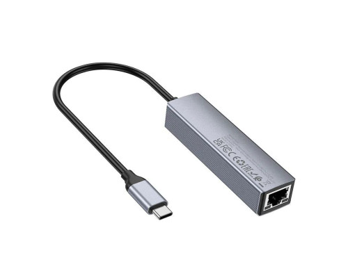 Кабель-перехiдник HOCO HB34 Easy link Type-C Gigabit network adapter(Type-C to USB3.0*3+RJ45) Metal Gray