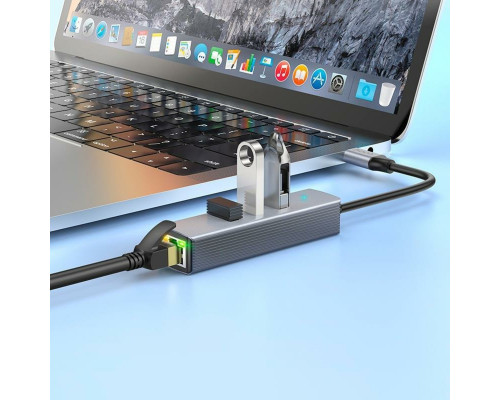 Кабель-перехiдник HOCO HB34 Easy link Type-C Gigabit network adapter(Type-C to USB3.0*3+RJ45) Metal Gray