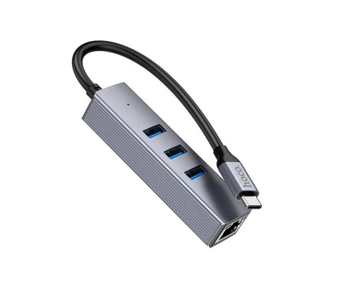 Кабель-перехiдник HOCO HB34 Easy link Type-C Gigabit network adapter(Type-C to USB3.0*3+RJ45) Metal Gray