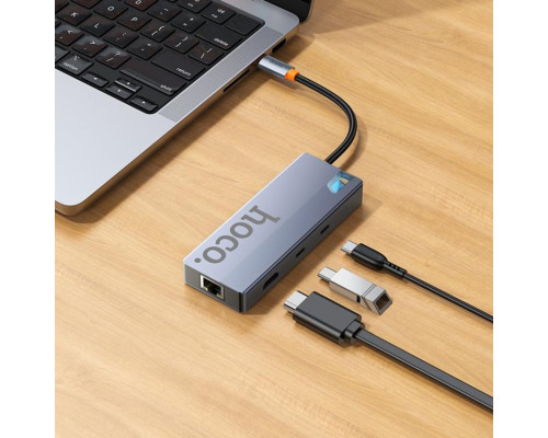 USB-хаб HOCO HB52 Wow 8-in-1 multi-function converter (HDTV+RJ45+SD/TF+PD+Type-C3.0+USB3.0*2) Deep Space Gray (6942007647311)
