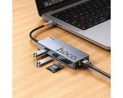 USB-хаб HOCO HB52 Wow 8-in-1 multi-function converter (HDTV+RJ45+SD/TF+PD+Type-C3.0+USB3.0*2) Deep Space Gray (6942007647311)