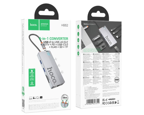 USB-хаб HOCO HB52 Wow 8-in-1 multi-function converter (HDTV+RJ45+SD/TF+PD+Type-C3.0+USB3.0*2) Deep Space Gray (6942007647311)