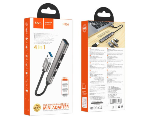 Кабель-перехiдник HOCO HB26 4 in 1 adapter(USB to USB3.0+USB2.0*3) Metal Gray