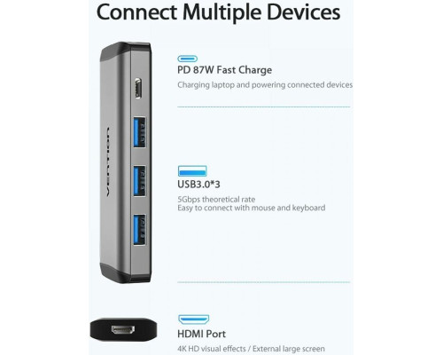 Хаб Vention Type-C to HDMI/USB3.0*3/PD Converter 0.15M Gray Metal Type (CNBHB)