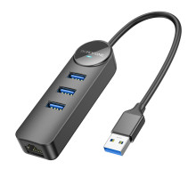 Адаптер Borofone DH6 Erudite 4-in-1 Gigabit Ethernet Adapter(USB to USB3.0*3+RJ45)(L=0.2M) Black