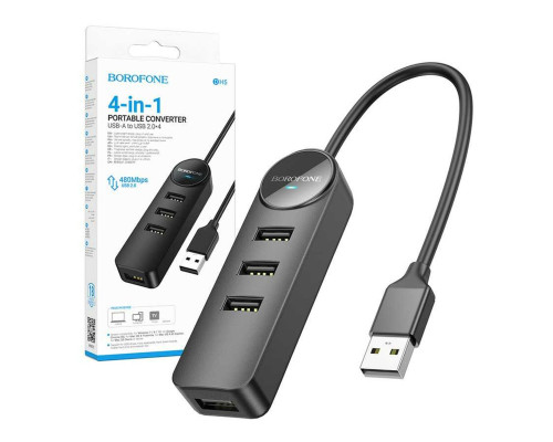 Адаптер Borofone DH5 Erudite 4-in-1 adapter(USB to USB2.0*4)(L=0.2M) Black