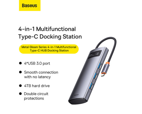 USB-хаб Baseus Metal Gleam Series 4-in-1 Multifunctional Type-C HUB Docking Station Gray（Type-C to USB3.0*4） (WKWG070013)
