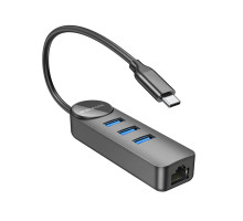 Адаптер Borofone DH6 Erudite 4-in-1 Gigabit Ethernet Adapter(Type-C to USB3.0*3+RJ45)(L=0.2M) Black