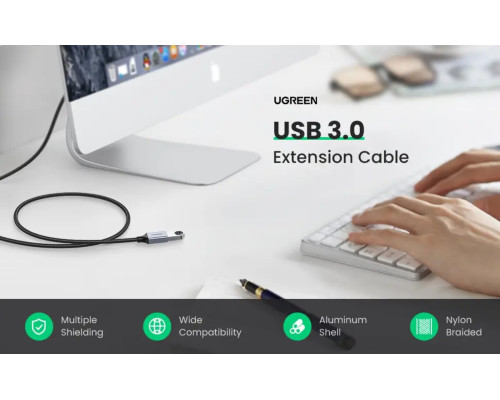 Кабель UGREEN US115 USB 3.0 Extension Cable Aluminum Case 2m (Black)(UGR-10497)